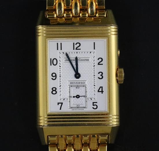 A good gentlemans modern 18ct gold Jaeger LeCoultre Grande Taille Reverso Night and Day manual wind wrist watch,